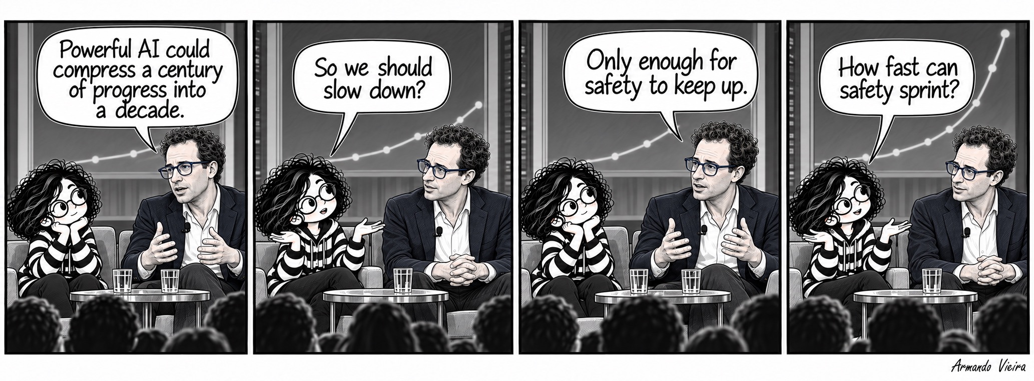 Four-panel cartoon of Nova speaking with an AI researcher about progress and safety.